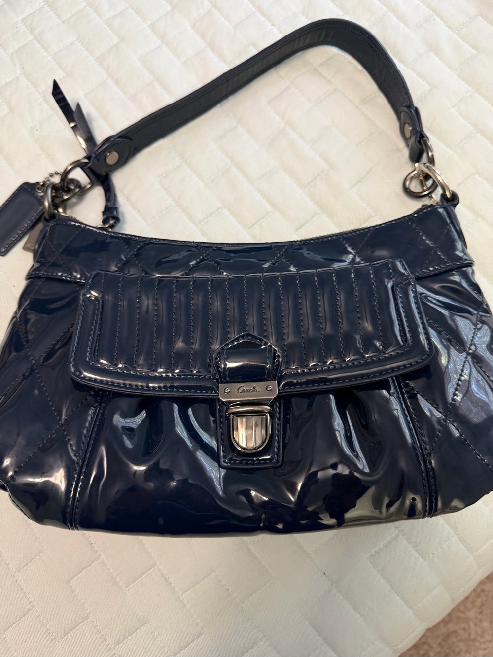 Coach Navy Patent Leather Shoulder Hobo with Front Flap
